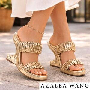 Azalea Wang, Rosamonde Gold Metallic Braided Woven Cutout Wedge Sandals Size 6